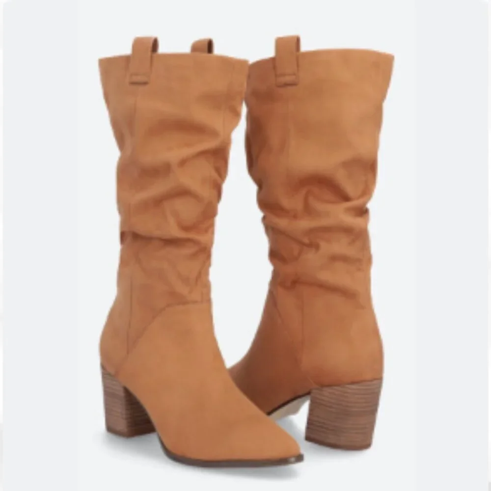 Report Tariq Tall Shaft Faux Suede Bootie Tan Block Heel Slip On/Pull Tab Size 9 - Picture 2 of 16